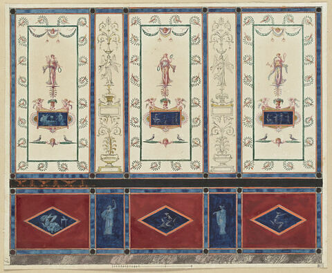 Projet de décor de boiserie à trois panneaux verticaux sur fond clair, ornée de figures féminines drapées tenant des couronnes ou des instruments de musique