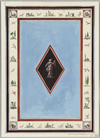 Projet de boiserie : panneau vertical bleu clair, orné au centre d'une figure féminine drapée dans un losange, sur fond noir. Encadrement à motifs floraux et animaliers sur fond clair, image 2/3