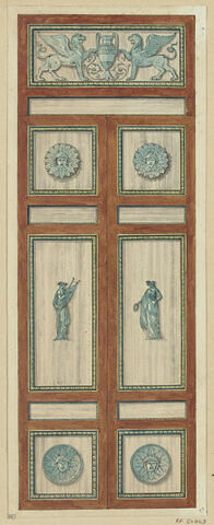 Projet de décor de boiserie avec deux grands panneaux verticaux ornés de panneaux rectangulaires ou carrés superposés à encadrement bleu-vert : deux figures allégoriques (Musique et Danse) sur les panneaux en hauteur, en haut bandeau avec griffons