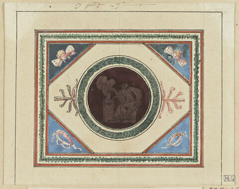 Projet de décor de boiserie : panneau rectangulaire (en largeur) orné d'un médaillon circulaire avec scène antique sur fond sombre. Angles ornés de deux têtes ailées et de deux couronnes, image 1/1