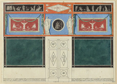 Projet de décor de boiserie autour d'une porte à deux battants, surmontée d'un panneau bleu avec un médaillon circulaire entre deux figures féminines drapées.