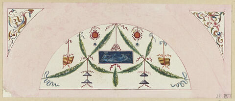 Projet de décor de dessus de porte avec panneau semi circulaire orné d'un bandeau avec une scène antique sur fond bleu, entouré de guirlandes vertes, le tout sur fond rose, image 1/1