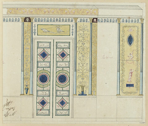 Projet de décor de boiserie autour d'une porte à deux battants, ornée en alternance de petits panneaux circulaires ou en losange entourés de motifs floraux, image 1/1