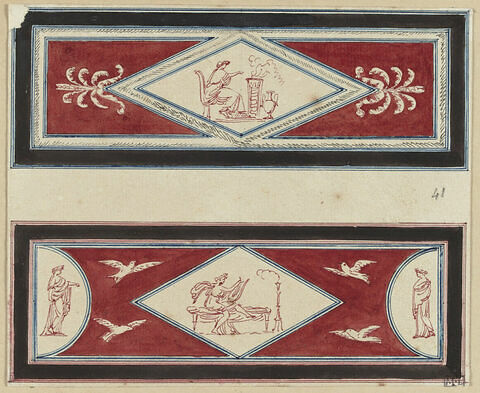Projet de décor de boiserie : deux panneaux rectangulaires horizontaux ornés de figures féminines drapées à l'intérieur de losanges, sur fond rouge, image 1/1