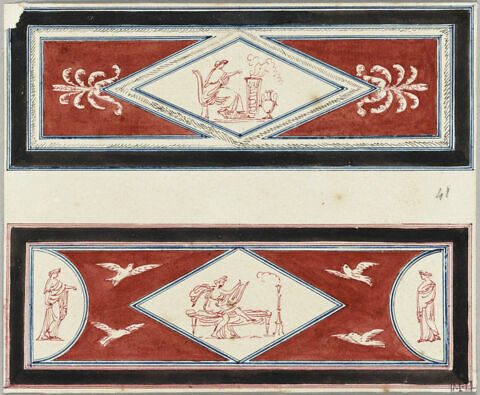 Projet de décor de boiserie : deux panneaux rectangulaires horizontaux ornés de figures féminines drapées à l'intérieur de losanges, sur fond rouge, image 2/3