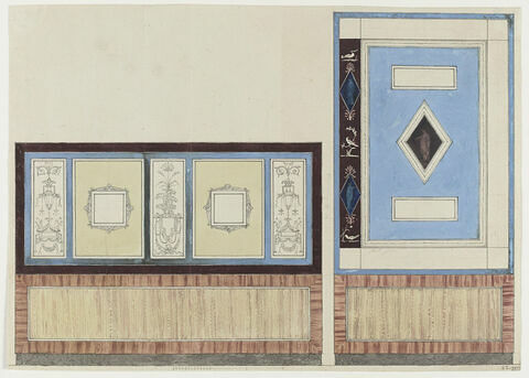 Projet de décor de boiserie avec à gauche un élément horizontal constitué de cinq panneaux verticaux séparés par des bandes bleues, image 1/1