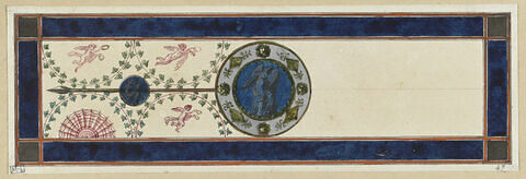Projet de décor de boiserie : panneau horizontal avec au centre un médaillon circulaire orné d'une figure féminine, sur fond bleu, image 1/1