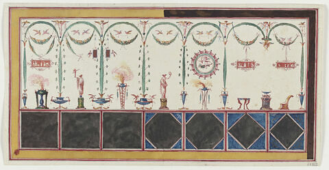Projet de décor de boiserie pour Mme Chrisophe : grand panneau horizontal rythmé de sept éléments séparés par des rubans de verdure, cintrés dans le haut