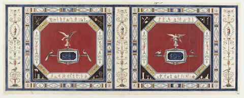 Projet de décor de boiserie : deux grands panneaux horizontaux sur fond rouge avec au centre, une figure ailée surmontant un bandeau restangulaire orné d'une scène antique, sur fond bleu, image 1/1