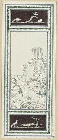Projet de décor de boiserie : panneau vetical orné d'un temple rond sur un rocher dominant un viaduc, image 1/1