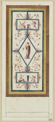 Projet de décor de boiserie : panneau vertical avec une figure féminine dans un losange, entre deux bandeaux ornés d'une scène antique, image 1/1