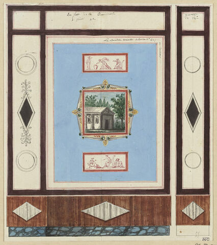 Projet de décor de boiserie avec un grand panneau vertical sur fond bleu clair, orné au centre d'un paysage avec un temple, entre deux bandeaux sur fond clair orné de scènes antiques