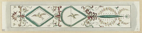 Projet de décor de boiserie : panneau horizontal orné d'oiseaux, motifs décoratiifs, avec séparation médiane à la plume et bande grisâtre tout autour