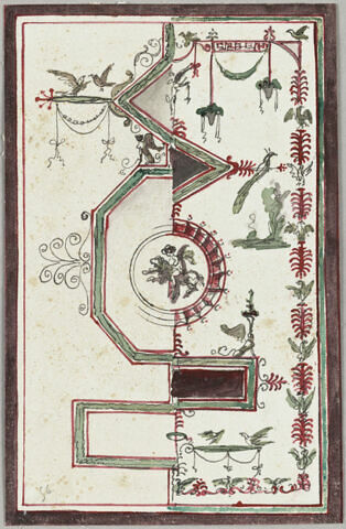 Projet de décor de boiserie : panneau vertical divisé en deux éléments avec au centre un putto sur un félin. Motifs décoratifs végétaux et oiseaux. Petite bande violette tout autour, image 2/3