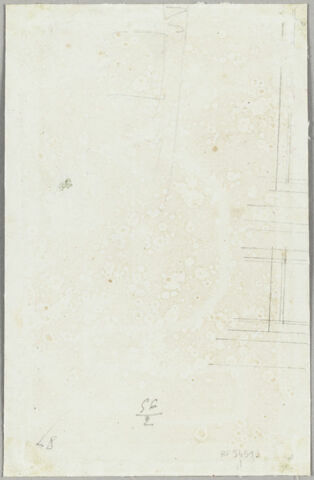 Projet de décor de boiserie : panneau vertical divisé en deux éléments avec au centre un putto sur un félin. Motifs décoratifs végétaux et oiseaux. Petite bande violette tout autour, image 3/3