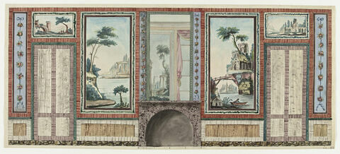 Projet de décor de boiserie avec deux portes à deux battants aux extrémitées surmontées de deux paysages avec des ruines (pont, portique)., image 1/1