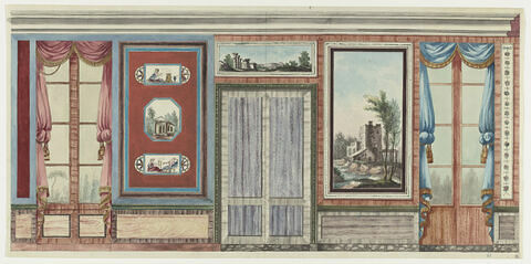 Projet de décor de boiserie aux portes-fenêtres ornées l'une, de rideaux roses, l'autre, de rideaux bleus. Au dessus de la porte centrale à deux battants, paysage avec colonnes et tours fortifiées, image 1/1