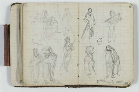 Quatre études avec figures et une étude de visage ; annotations manuscrites, image 1/1