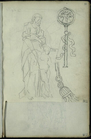 Femme voilée et drapée, debout, avec un enfant ; croquis d'une enseigne et d'une ceinture (?) terminée par un gland de passementerie