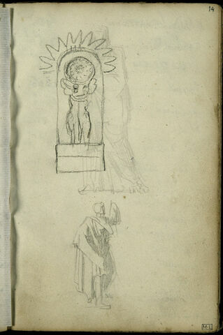 En haut, deux figures ailées debout, dans une niche ; en bas, personnage drapé, de trois-quarts à droite ; en-dessous, figure drapée, image 1/1