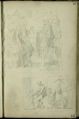 En haut, deux personnages drapés à l'antique, en conversation, sur un fond d'architecture ; en bas, à droite, personnage drapé ; en bas à gauche, femme et enfant