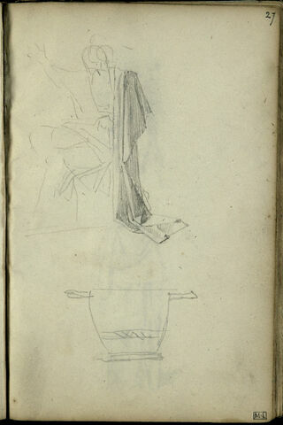 Croquis d'un personnage drapé, assis et d'un vase, image 1/1
