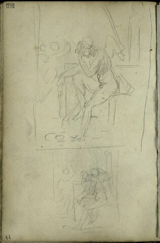 Deux études pour une composition avec un personnage nu, ailé (l'Amour ? ), assis de profil à gauche