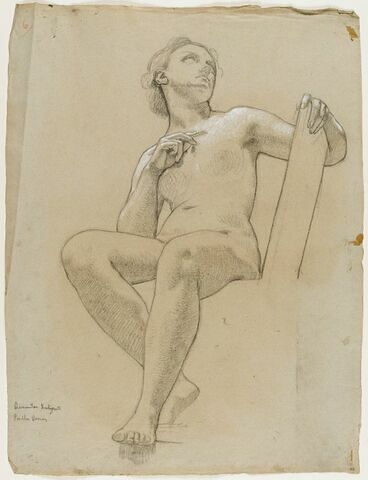 Femme nue, tournée vers la droite, regardant le ciel, la main gauche appuyée sur un portefeuille, et tenant de la droite un instrument à dessin, les pieds croisés