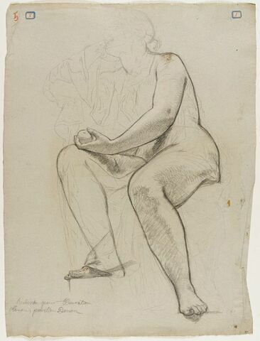 Femme nue, tournée vers la gauche, la main gauche reposant sur la jambe droite et tenant une sphère