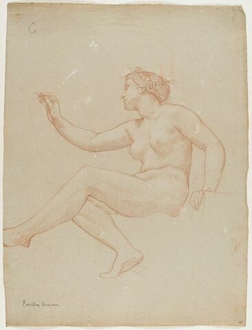 Femme nue assise, tournée vers la gauche, jambes croisées, écrivant, image 1/1