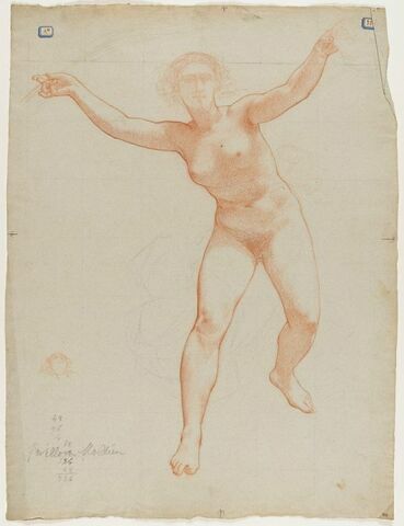 Femme nue s'avançant, les bras levés. Esquisse de tête, image 1/1