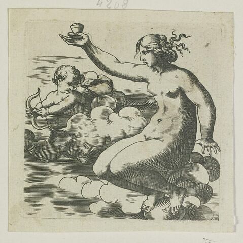 Femme nue assise sur des nuages
