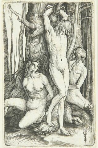 Trois hommes nus attachés à un arbre, image 1/1