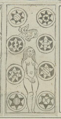 Carte - Danari VIII - en bas une femme nue, en haut un chat