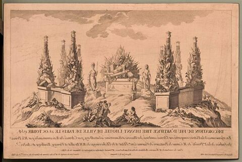 Feux d'artifice tirés devant l'Hôtel de Ville de Paris, en réjouissance de victoires, les 1er et 28 octobre 1758 et le 1er mai 1759 (sous la conduite de Monsieur Beausire, architecte du roi, inspecteur des bâtiments de la ville). Suite de la précédente, image 1/1