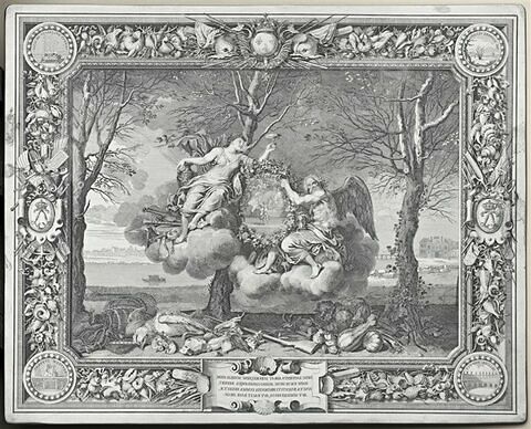 L'Hiver (Saturne et Hébé). Portés sur des nuages, ils tiennent un tableau ovale dans lequel est représenté un ballet