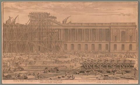 Représentation des machines qui ont servi à élever les deux grandes pierres qui couvrent le fronton de la principale entrée du Louvre, image 1/1