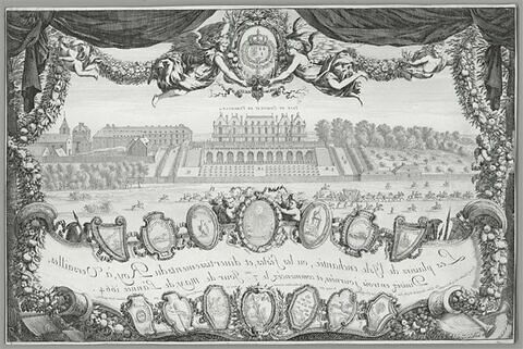 Frontispice portant le titre de : Vue du château de Versailles, image 1/1