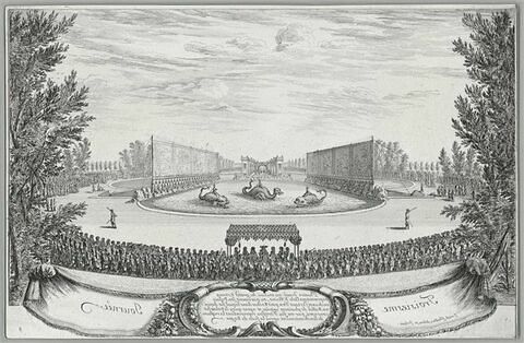 Troisième journée. Théâtre dressé au milieu du grand étang, représentant l'île d'Alcine, où paraissait son palais enchanté, dans lequel, fut donné un ballet de plusieurs entrées