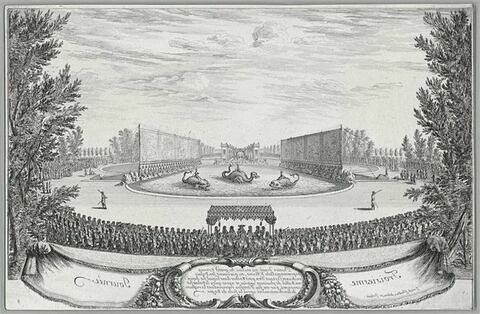 Troisième journée. Théâtre dressé au milieu du grand étang, représentant l'île d'Alcine, où paraissait son palais enchanté, dans lequel, fut donné un ballet de plusieurs entrées, image 1/1