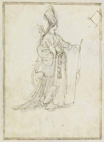 Projet de cartes à jouer : Femme de profil, en manteau long, avec un turban à aigrette