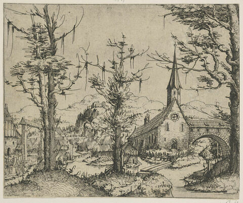 Paysage avec des arbres et une église à droite, image 1/1
