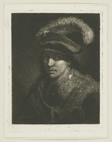 Buste d'homme coiffé d'un bonnet à plumes et en armure, image 1/1