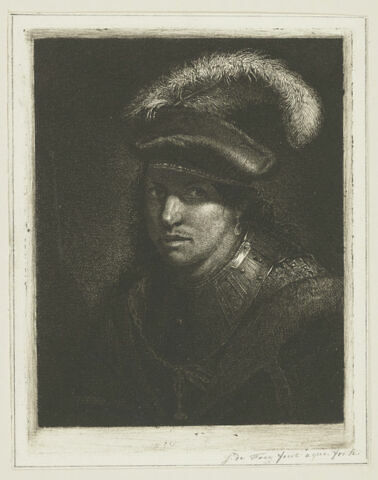 Buste d'homme coiffé d'un bonnet à plumes et en armure, image 1/1