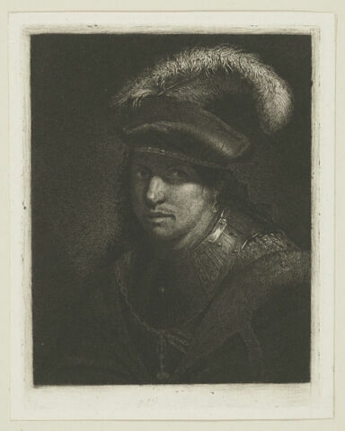 Buste d'homme coiffé d'un bonnet à plumes et en armure, image 1/1