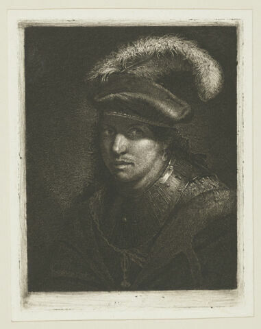 Buste d'homme coiffé d'un bonnet à plumes et en armure, image 1/1