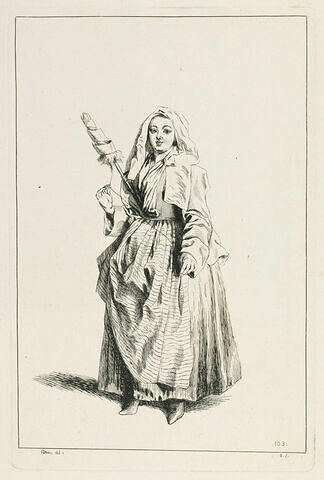 Femme debout, tenant une quenouille et filant