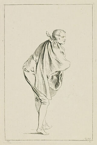 Homme debout, penché en avant, les bras croisés dans son manteau, etc..., image 1/1