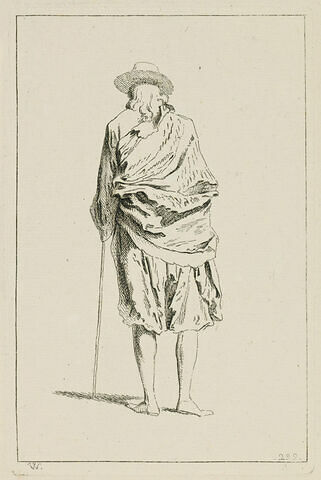 Vieillard marchant appuyé sur sa canne, vu de dos, image 1/1