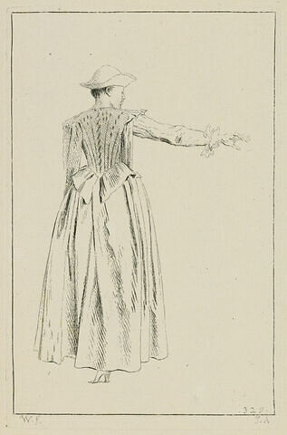 Femme en vestinquin et chapeau rond ; elle est vue de dos, le bras droit tendu, image 1/1